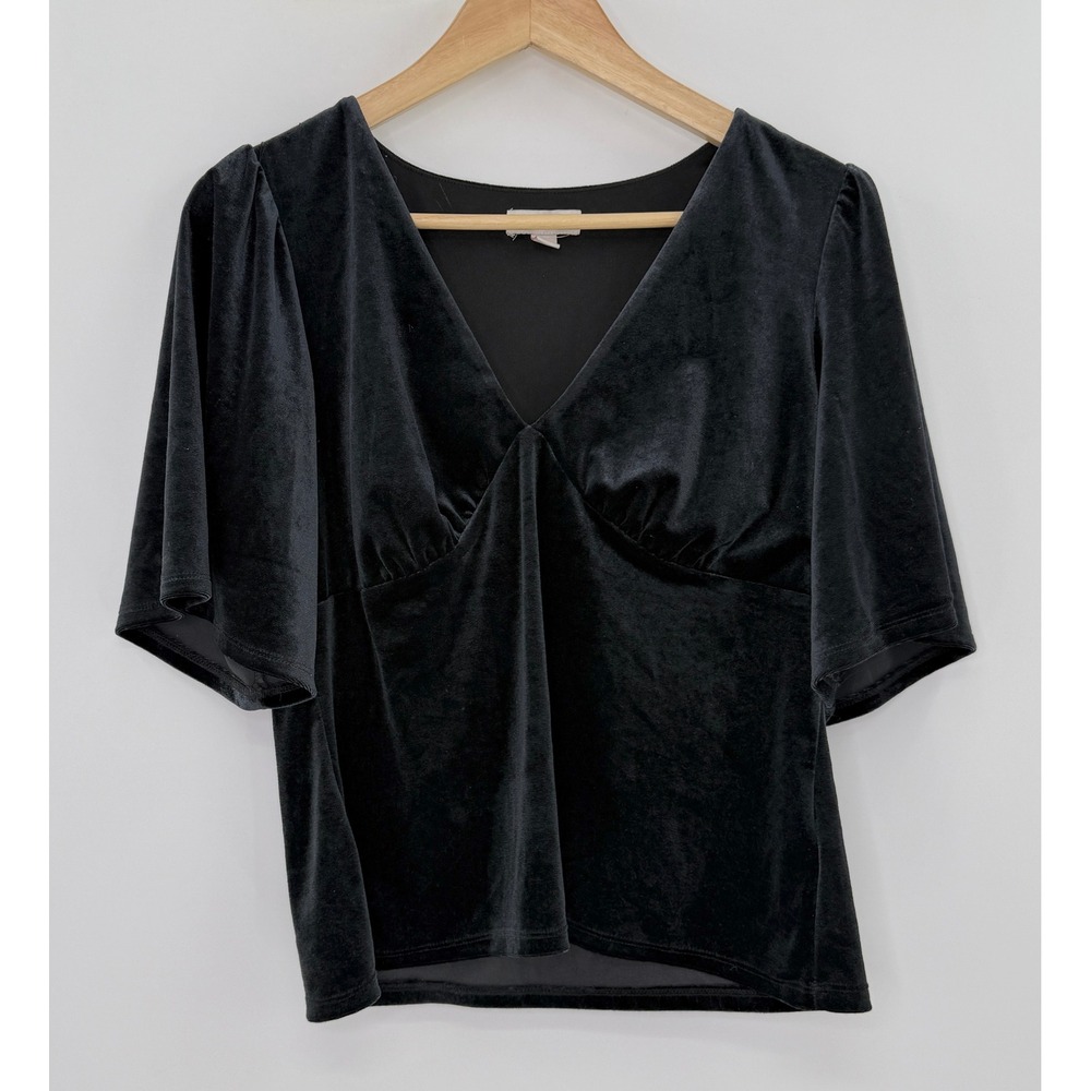 Knox Rose Babydoll Velvet Black V Neck Wide Sleeve Blouse Sz‎ M Witchy Goth